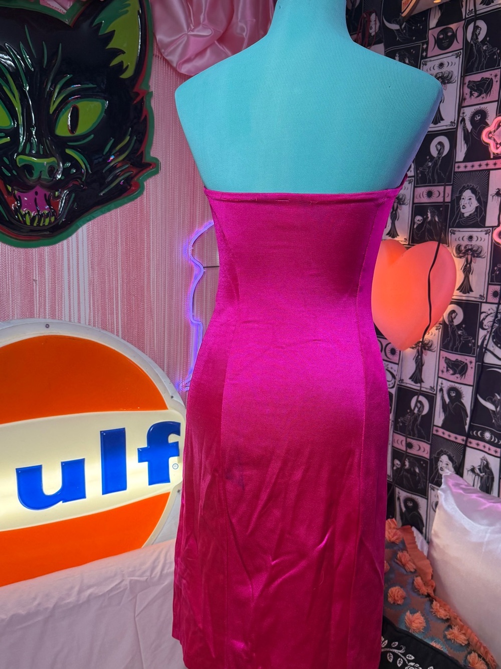 Vintage Betsey Johnson Punk Label Hot Pink Satin Strapless Dress w/ Boning Sz S - Picture 11 of 11